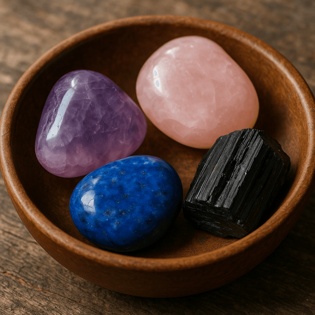 7 Best Crystals for Anxiety Relief and Inner Calm 2 Gemstones in Wooden Bowl