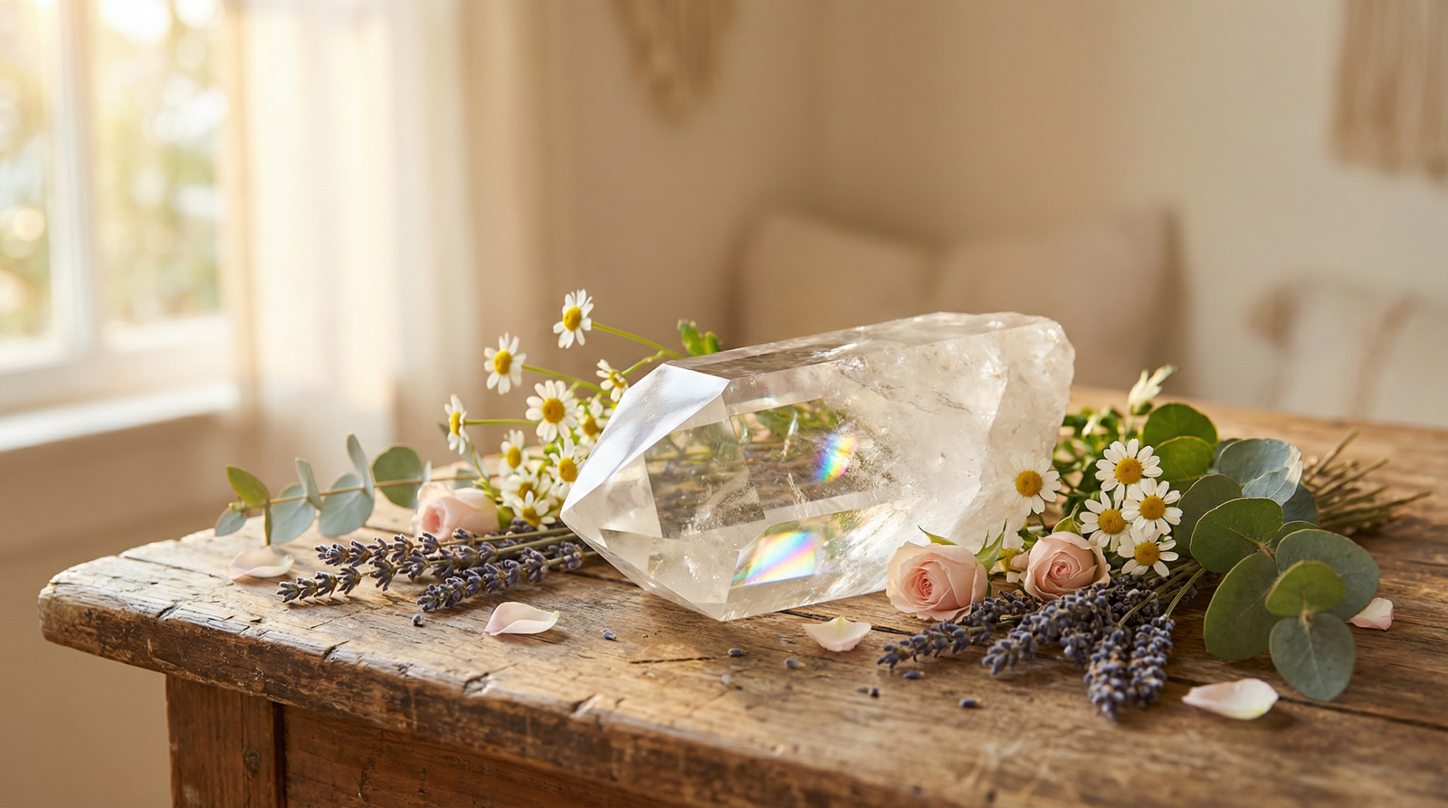 Clear quartz crystal on rustic wooden counter with flowers