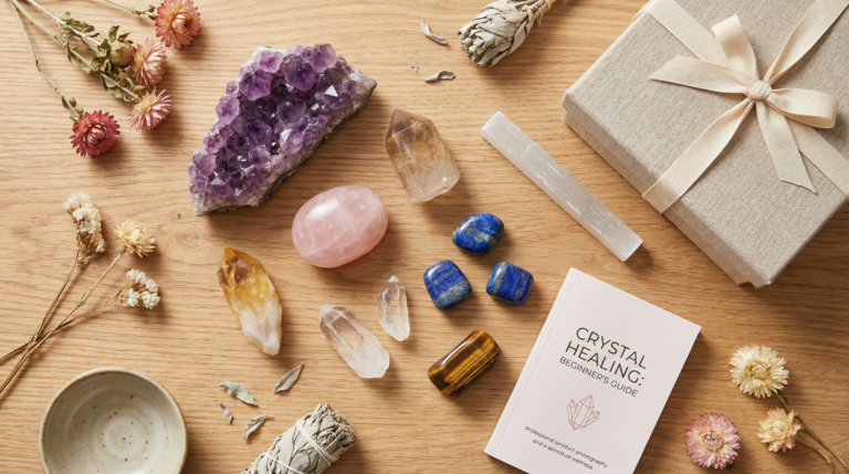 Crystal healing starter kit with amethyst, rose quartz, citrine, and other healing crystals arranged on a wooden surface