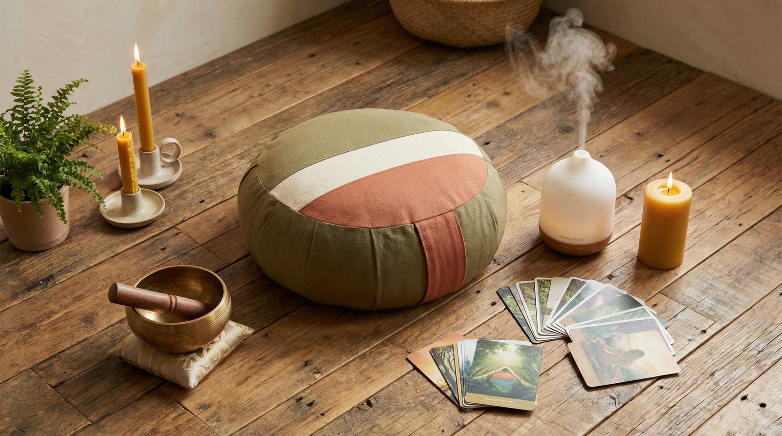 Meditation accessories including zafu cushion, Tibetan singing bowl, essential oil diffuser, and meditation cards in a peaceful setting