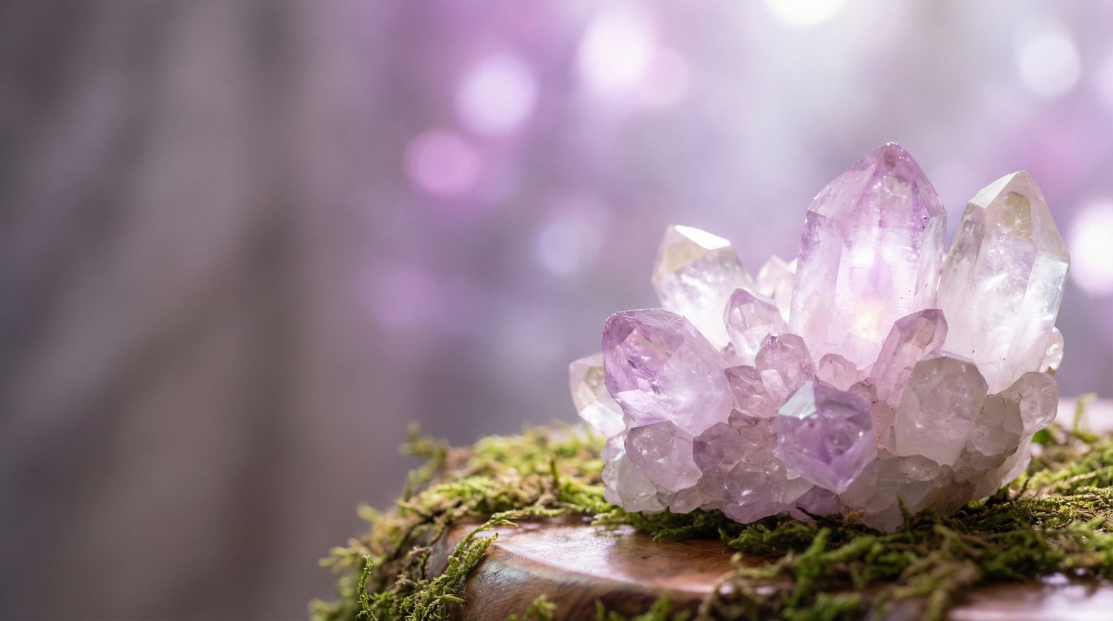 Ethereal amethyst and quartz crystals glowing with soft purple light