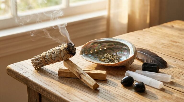 Sage smudge kit with white sage bundle palo santo sticks abalone shell feather and protective crystals