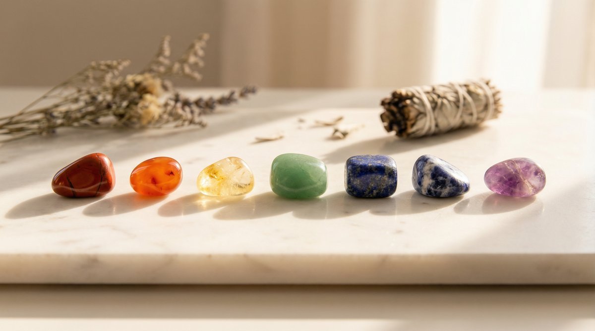 Seven chakra healing crystals arranged in a line showing the full spectrum of chakra colors from red to purple
