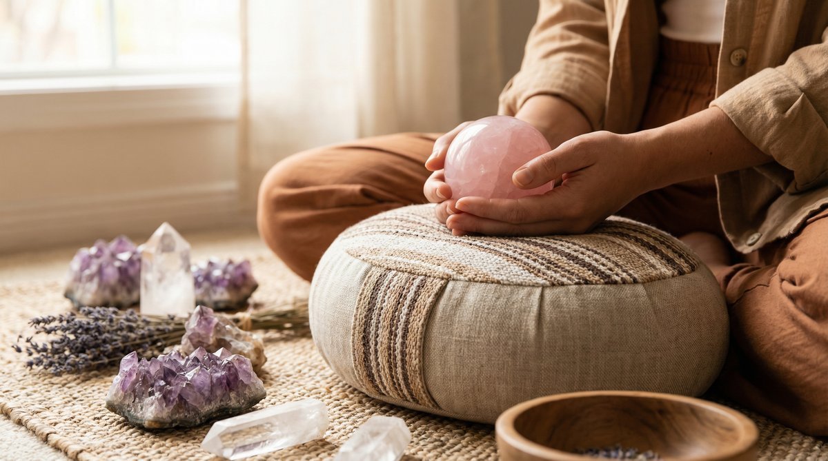 Woman holding rose quartz crystal during meditation surrounded by amethyst and clear quartz healing crystals