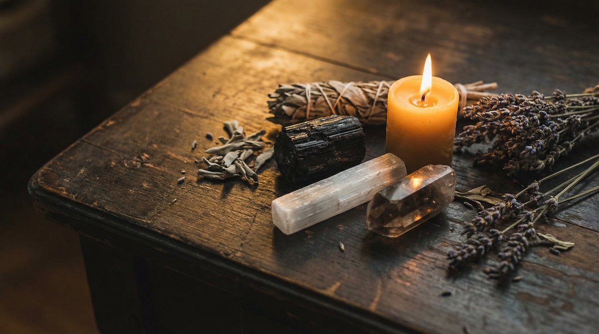 Black tourmaline selenite wand and smoky quartz protection crystals with candle and dried herbs on dark wood