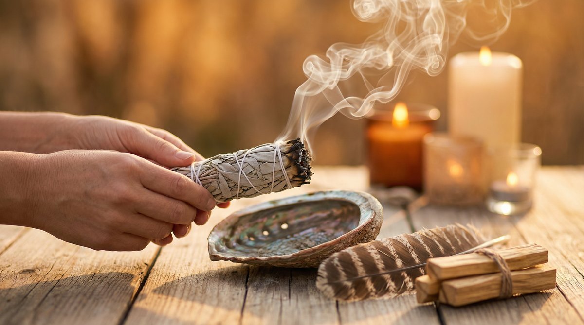 Hands performing a smudging ritual with burning white sage over an abalone shell with palo santo and feather nearby