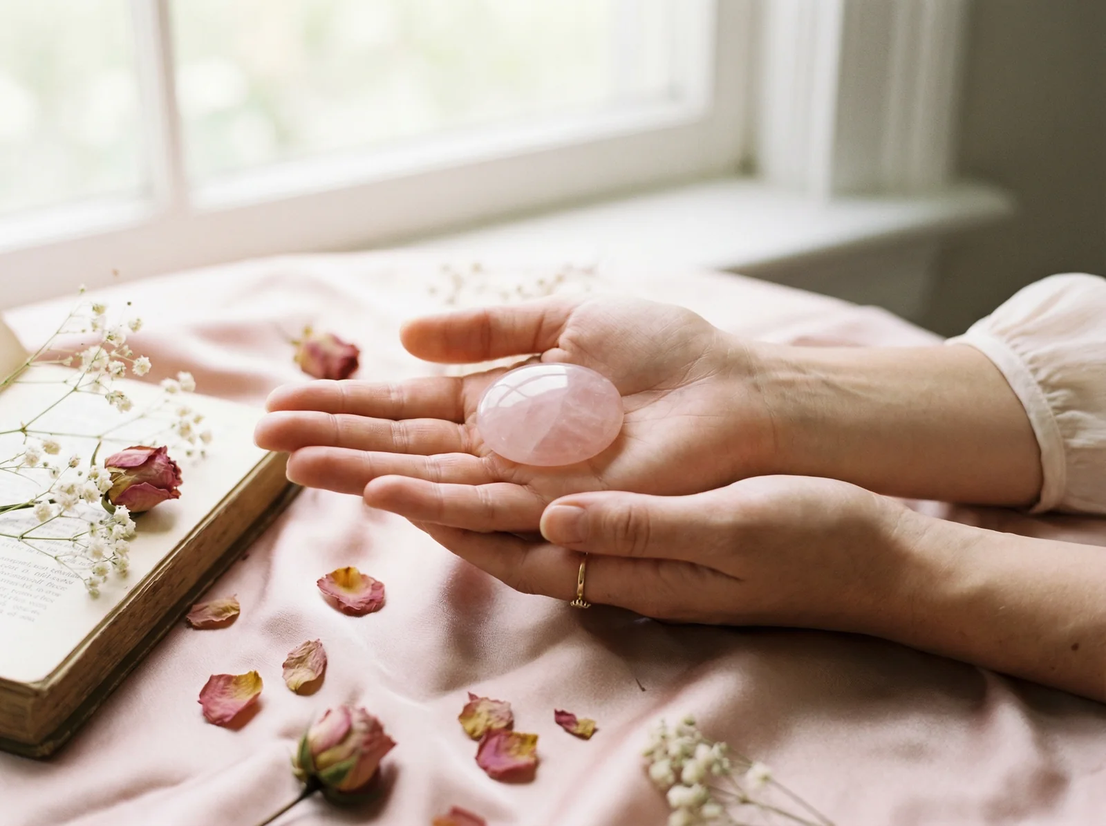 Polished rose quartz palm stone